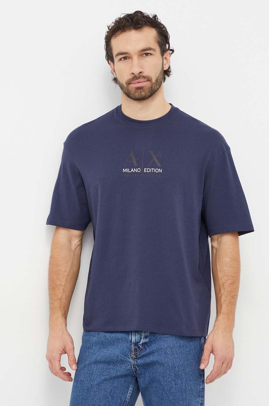 Armani Exchange tricou din bumbac barbati, culoarea albastru marin, cu imprimeu Armani Exchange tricou din bumbac barbati, culoarea albastru marin, cu imprimeu