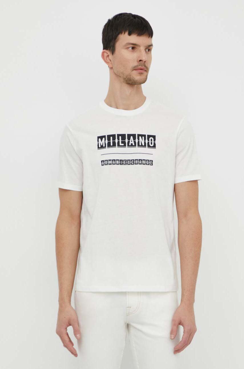 Armani Exchange tricou din bumbac barbati, culoarea alb, cu imprimeu Armani Exchange tricou din bumbac barbati, culoarea alb, cu imprimeu