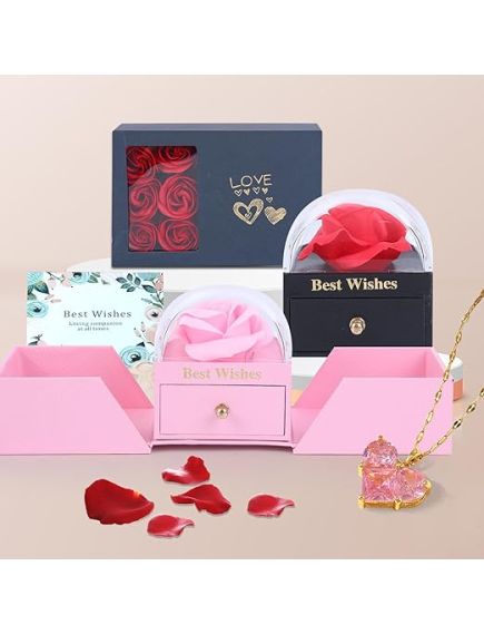 Cutie eleganta cu sertar, pentru cadou, stilizata cu trandafir de sapun in cupola + colier inoxidabil si punga asortata de 8 MARTIE Cutie eleganta cu sertar, pentru cadou, stilizata cu trandafir de sapun in cupola + colier inoxidabil si punga asortata de 8 MARTIE