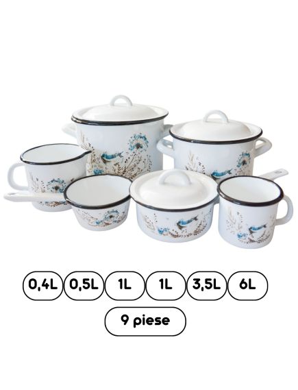 Set 9 vase emailate en-gross decor floral, 6 vase + 3 capace emailate Set 9 vase emailate en-gross decor floral, 6 vase + 3 capace emailate
