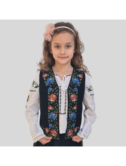 Vesta traditionala Engros pentru fete, broderie trandafiri multicolori Vesta traditionala Engros pentru fete, broderie trandafiri multicolori