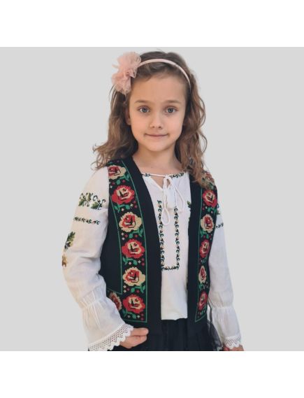 Vesta traditionala Engros pentru fete, broderie trandafiri rosii si bej Vesta traditionala Engros pentru fete, broderie trandafiri rosii si bej