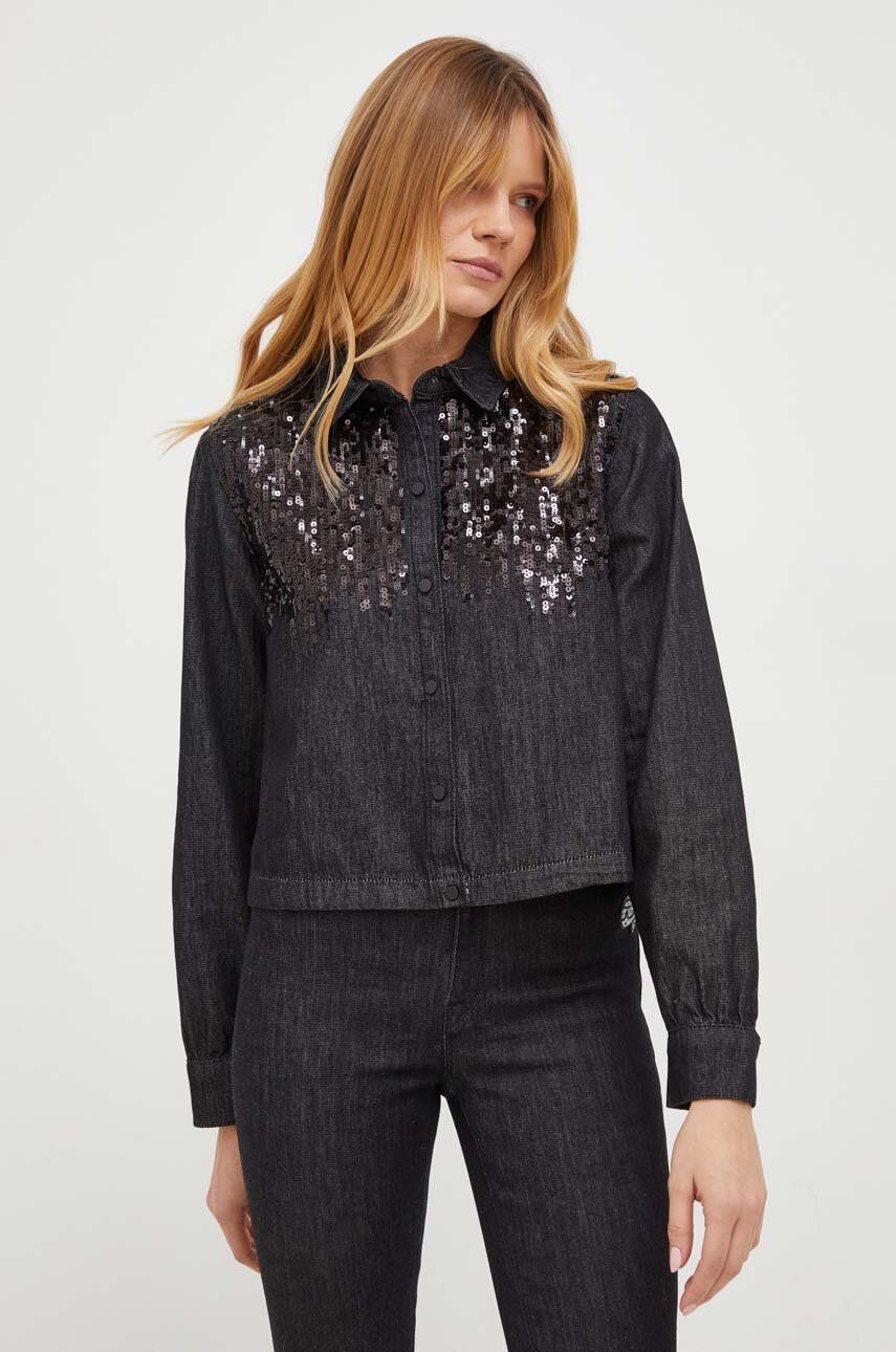 Karl Lagerfeld camasa jeans femei, culoarea negru, cu guler clasic, regular Karl Lagerfeld camasa jeans femei, culoarea negru, cu guler clasic, regular