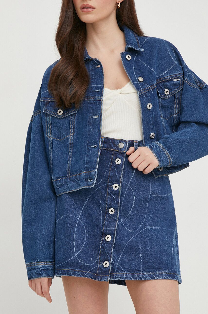 Pepe Jeans fusta jeans WINNIE LOGO culoarea albastru marin, mini, evazati Pepe Jeans fusta jeans WINNIE LOGO culoarea albastru marin, mini, evazati