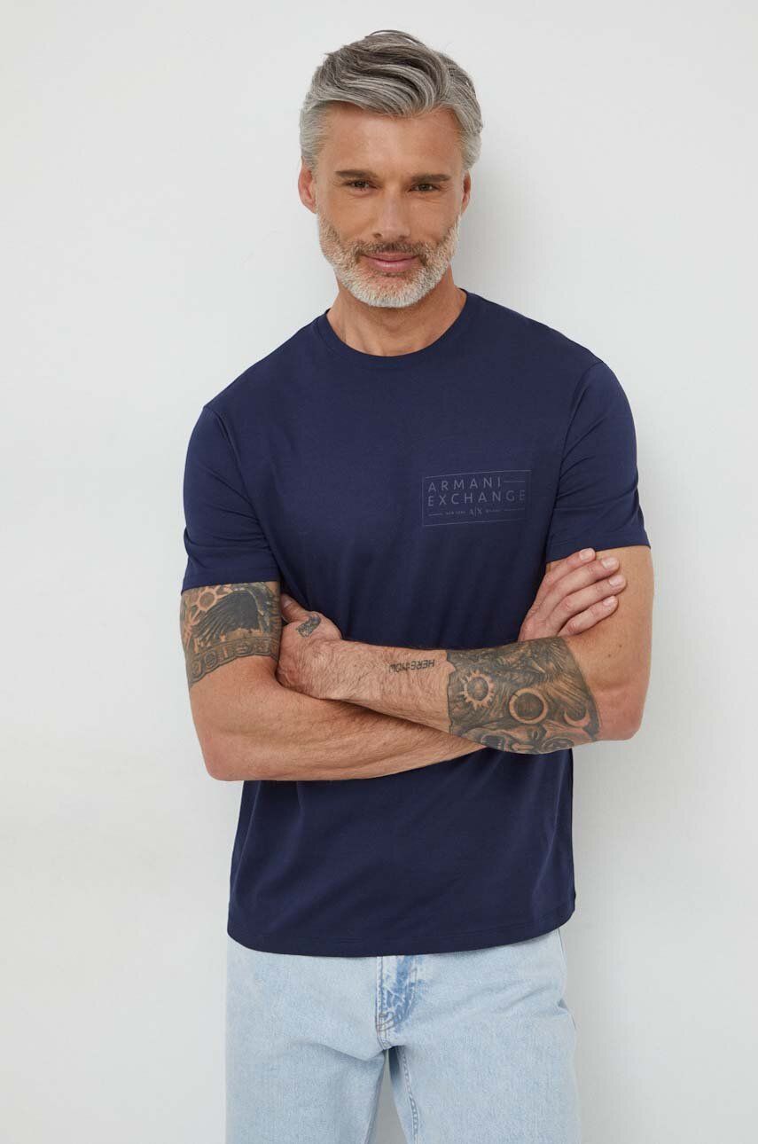 Armani Exchange tricou din bumbac barbati, culoarea albastru marin, cu imprimeu Armani Exchange tricou din bumbac barbati, culoarea albastru marin, cu imprimeu