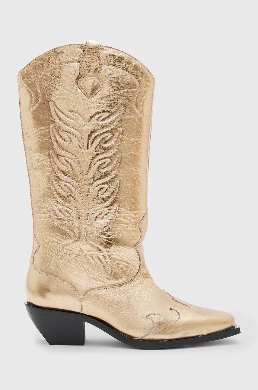 AllSaints cizme de piele Dolly Boot femei, culoarea auriu, cu toc drept, WF763Z AllSaints cizme de piele Dolly Boot femei, culoarea auriu, cu toc drept, WF763Z