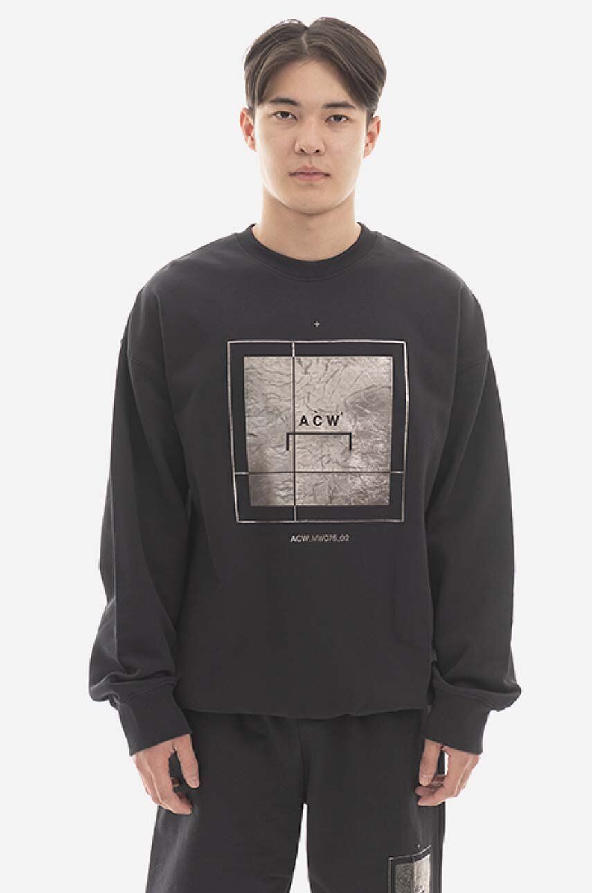 A-COLD-WALL* hanorac de bumbac Foil Grid Crewneck bărbați, culoarea negru, cu imprimeu ACWMW075.-BLACK A-COLD-WALL* hanorac de bumbac Foil Grid Crewneck bărbați, culoarea negru, cu imprimeu ACWMW075.-BLACK