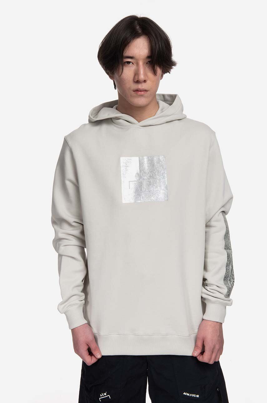A-COLD-WALL* hanorac de bumbac Foil Grid Hoodie bărbați, culoarea bej, cu glugă, cu imprimeu ACWMW101-BONE A-COLD-WALL* hanorac de bumbac Foil Grid Hoodie bărbați, culoarea bej, cu glugă, cu imprimeu ACWMW101-BONE