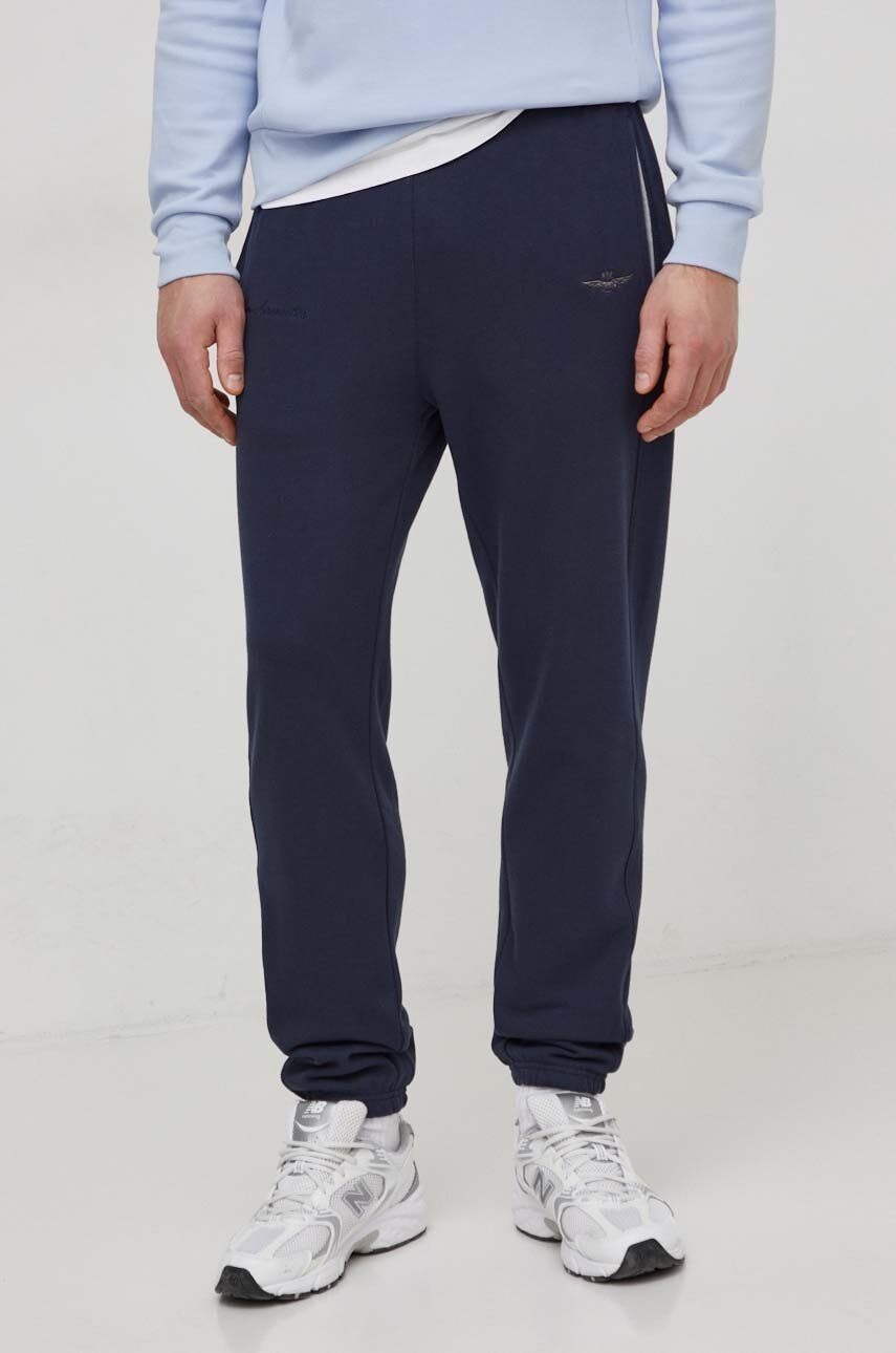Aeronautica Militare pantaloni de trening din bumbac culoarea albastru marin, neted Aeronautica Militare pantaloni de trening din bumbac culoarea albastru marin, neted