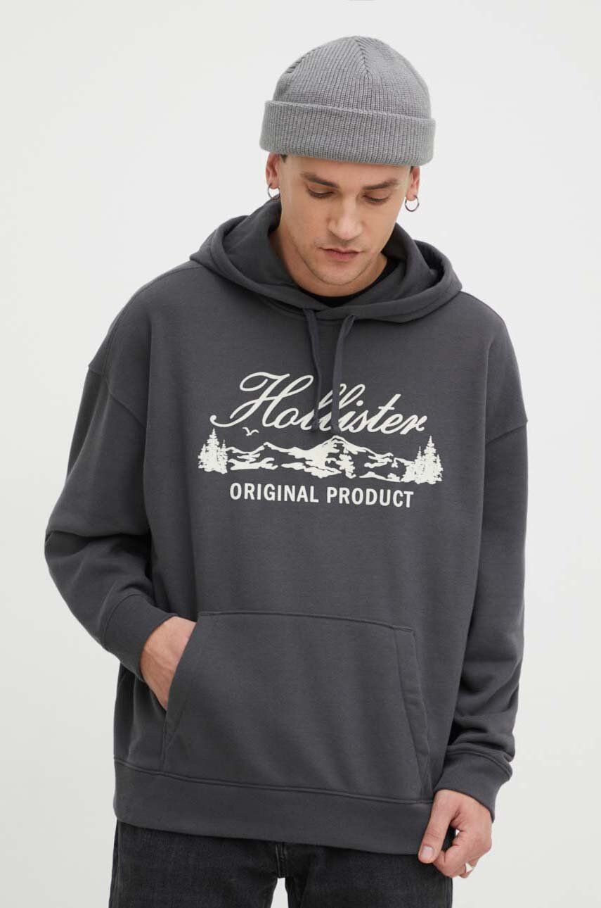Hollister Co. bluza barbati, culoarea gri, cu glugă, cu imprimeu Hollister Co. bluza barbati, culoarea gri, cu glugă, cu imprimeu
