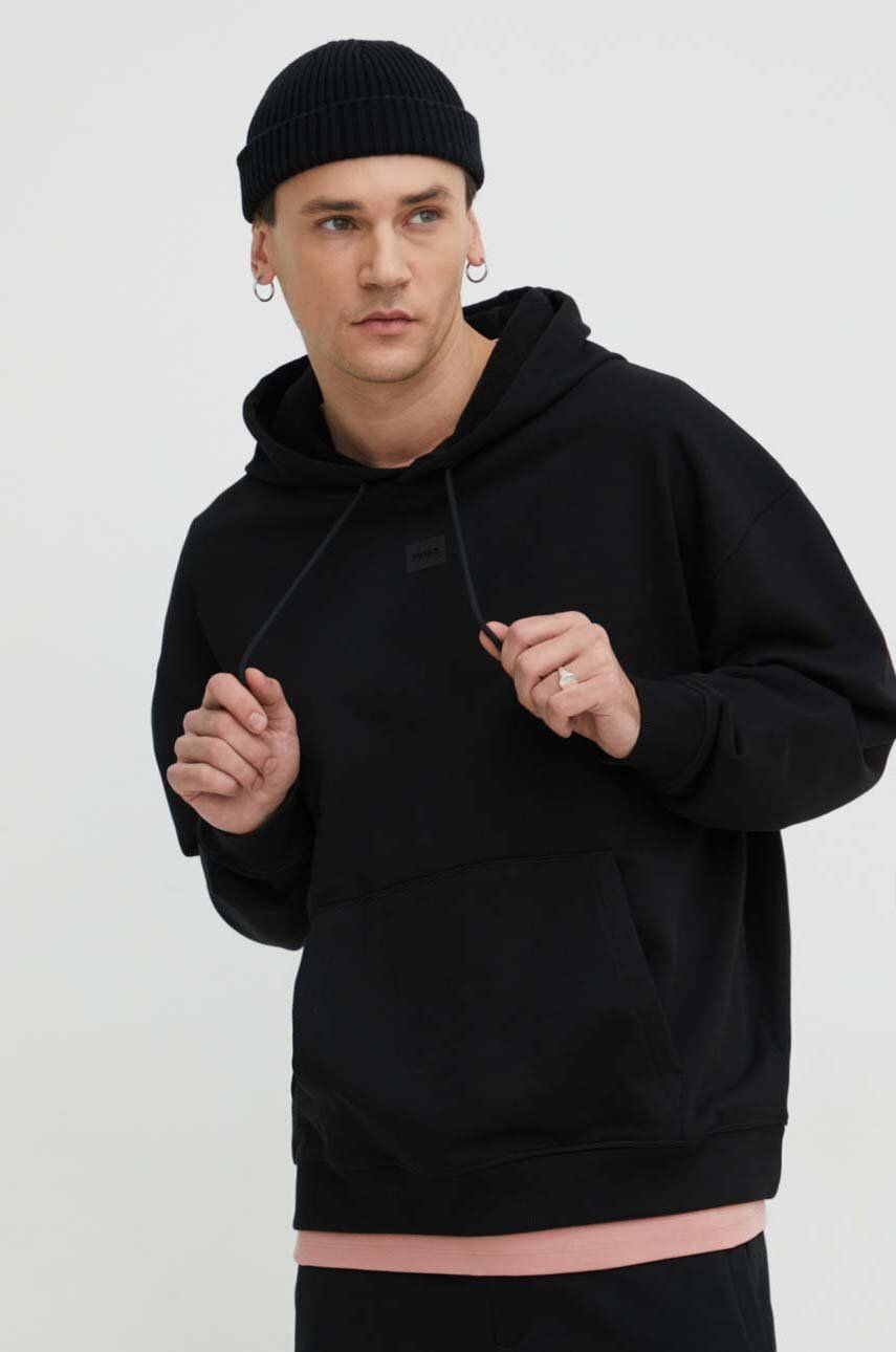 HUGO hanorac de bumbac bărbați, culoarea negru, cu glugă, uni 50505043 HUGO hanorac de bumbac bărbați, culoarea negru, cu glugă, uni 50505043