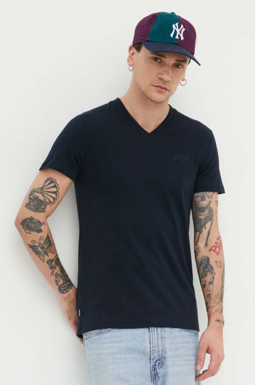 Superdry tricou din bumbac barbati, culoarea albastru marin, neted Superdry tricou din bumbac barbati, culoarea albastru marin, neted