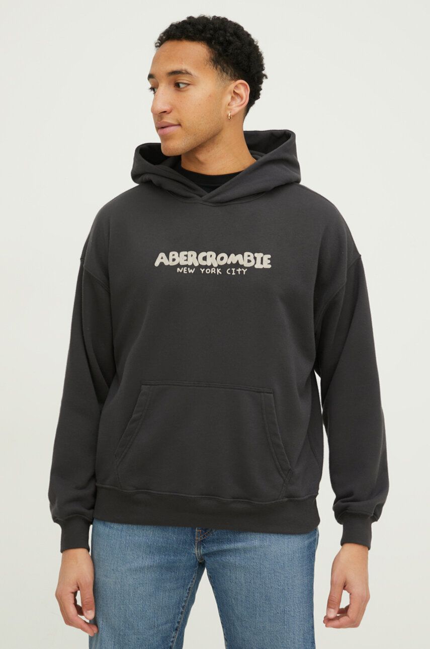 Abercrombie & Fitch bluza barbati, culoarea negru, cu glugă, cu imprimeu Abercrombie & Fitch bluza barbati, culoarea negru, cu glugă, cu imprimeu
