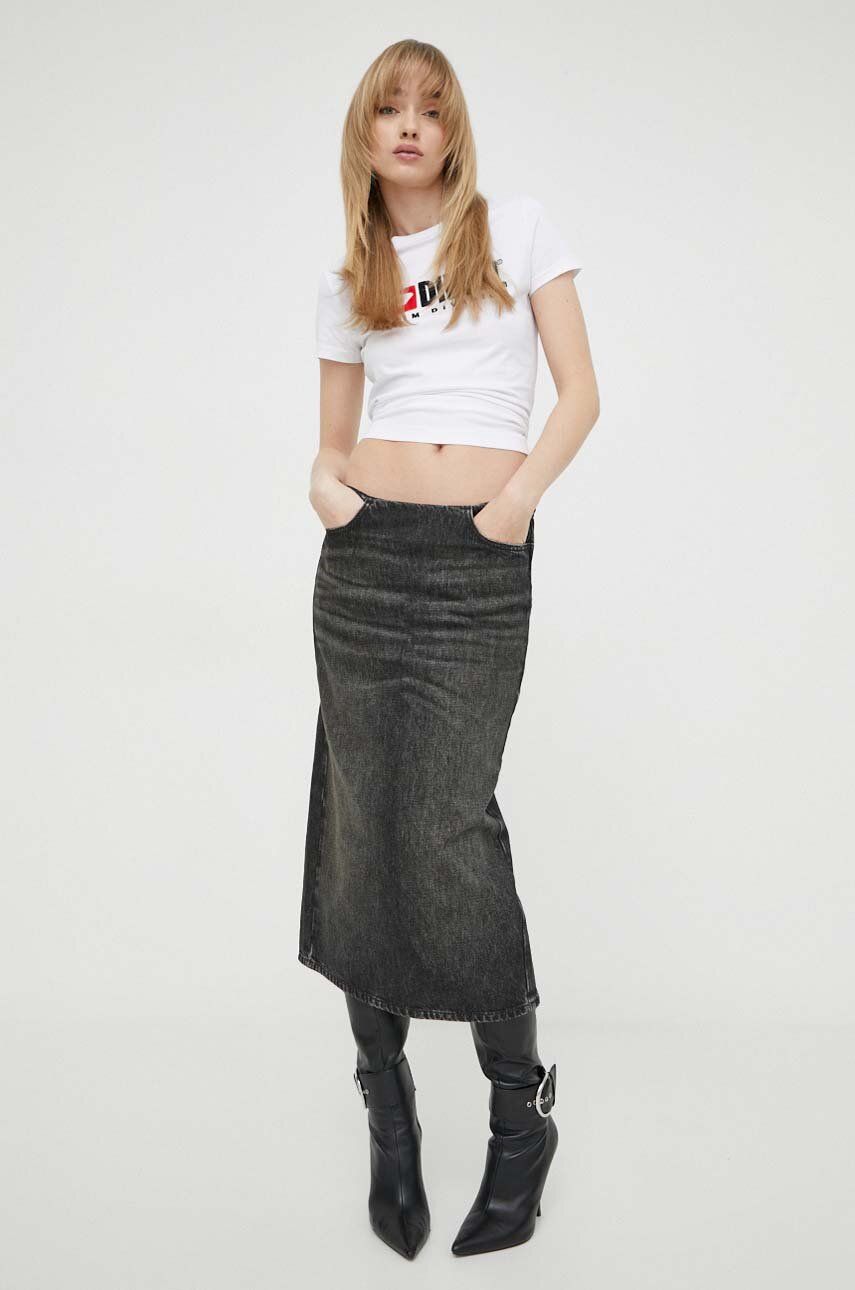 Diesel fustă din denim culoarea gri, midi, drept A13089.0GHAA Diesel fustă din denim culoarea gri, midi, drept A13089.0GHAA
