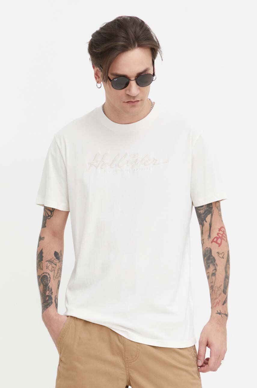 Hollister Co. tricou din bumbac barbati, culoarea bej, cu imprimeu Hollister Co. tricou din bumbac barbati, culoarea bej, cu imprimeu