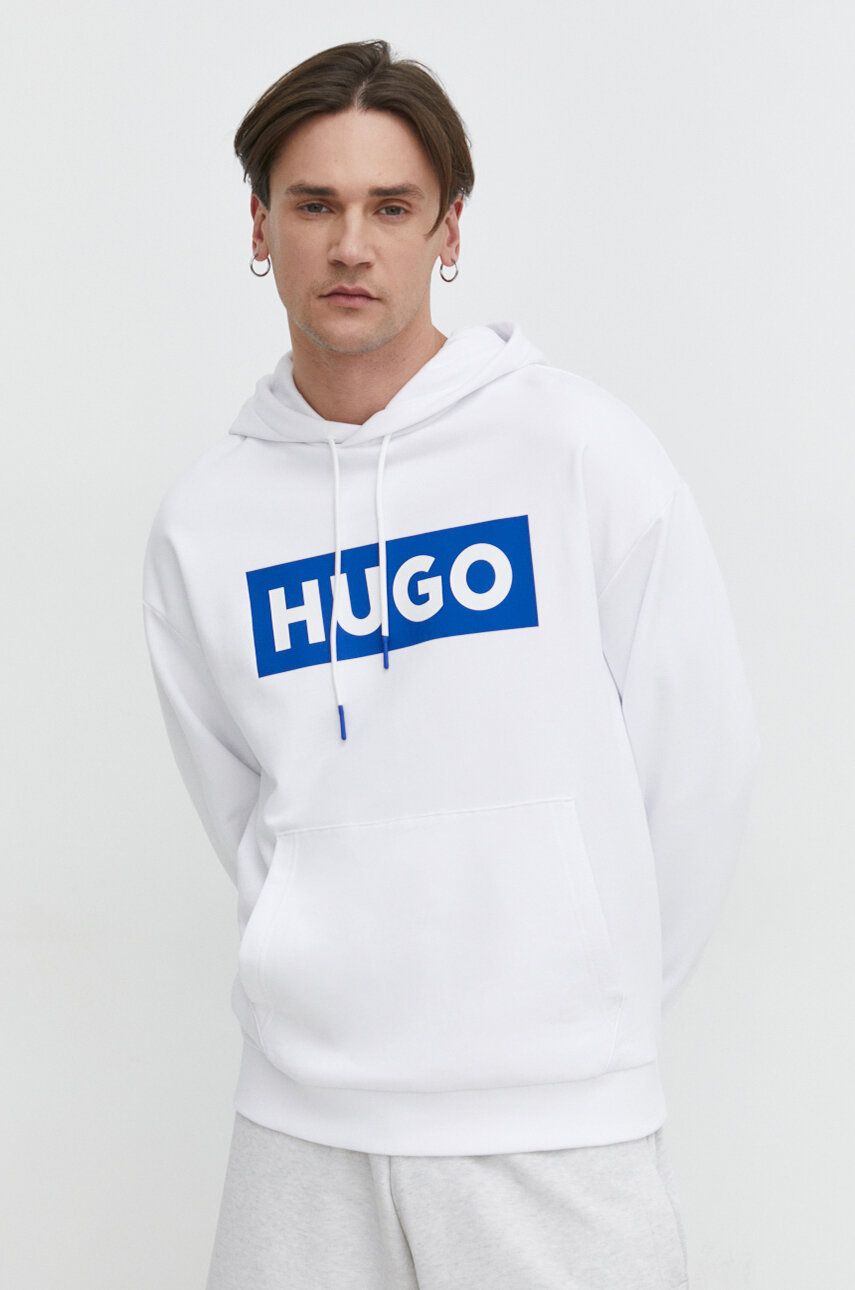 HUGO Blue bluză bărbați, culoarea alb, cu glugă, imprimeu 50522370 HUGO Blue bluză bărbați, culoarea alb, cu glugă, imprimeu 50522370