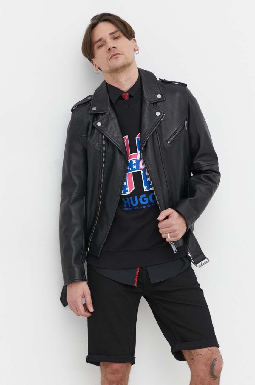 HUGO geacă Ramones de piele bărbați, culoarea negru, de tranziție 50510101 HUGO geacă Ramones de piele bărbați, culoarea negru, de tranziție 50510101