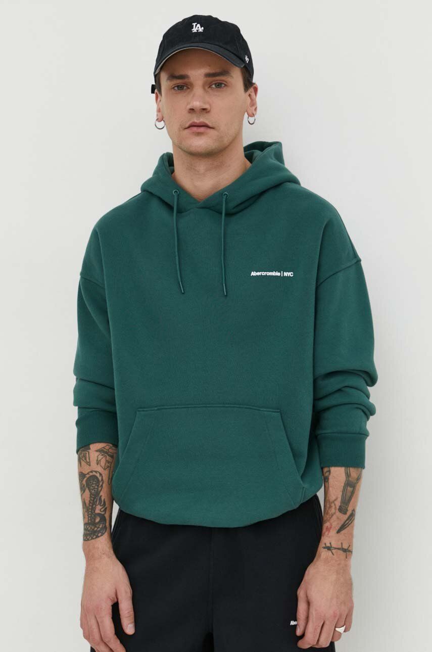 Abercrombie & Fitch bluza barbati, culoarea verde, cu glugă, cu imprimeu Abercrombie & Fitch bluza barbati, culoarea verde, cu glugă, cu imprimeu