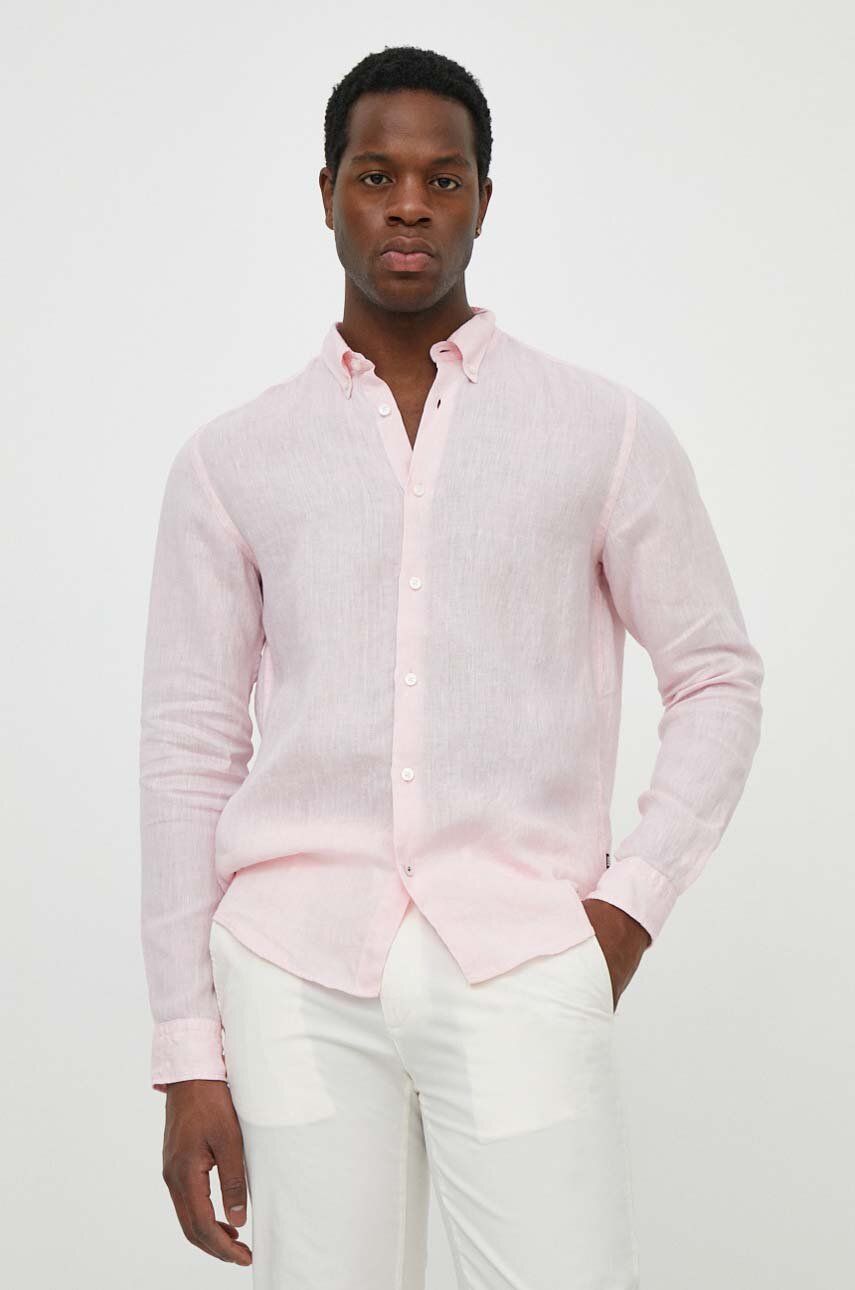 BOSS cămașă de in culoarea roz, cu guler button-down, regular 50513849 BOSS cămașă de in culoarea roz, cu guler button-down, regular 50513849