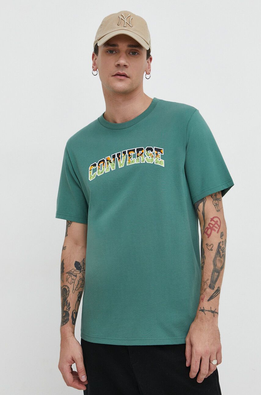 Converse tricou din bumbac barbati, culoarea verde, cu imprimeu Converse tricou din bumbac barbati, culoarea verde, cu imprimeu