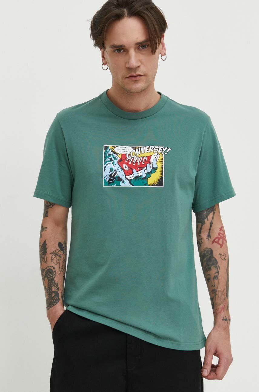 Converse tricou din bumbac barbati, culoarea verde, cu imprimeu Converse tricou din bumbac barbati, culoarea verde, cu imprimeu