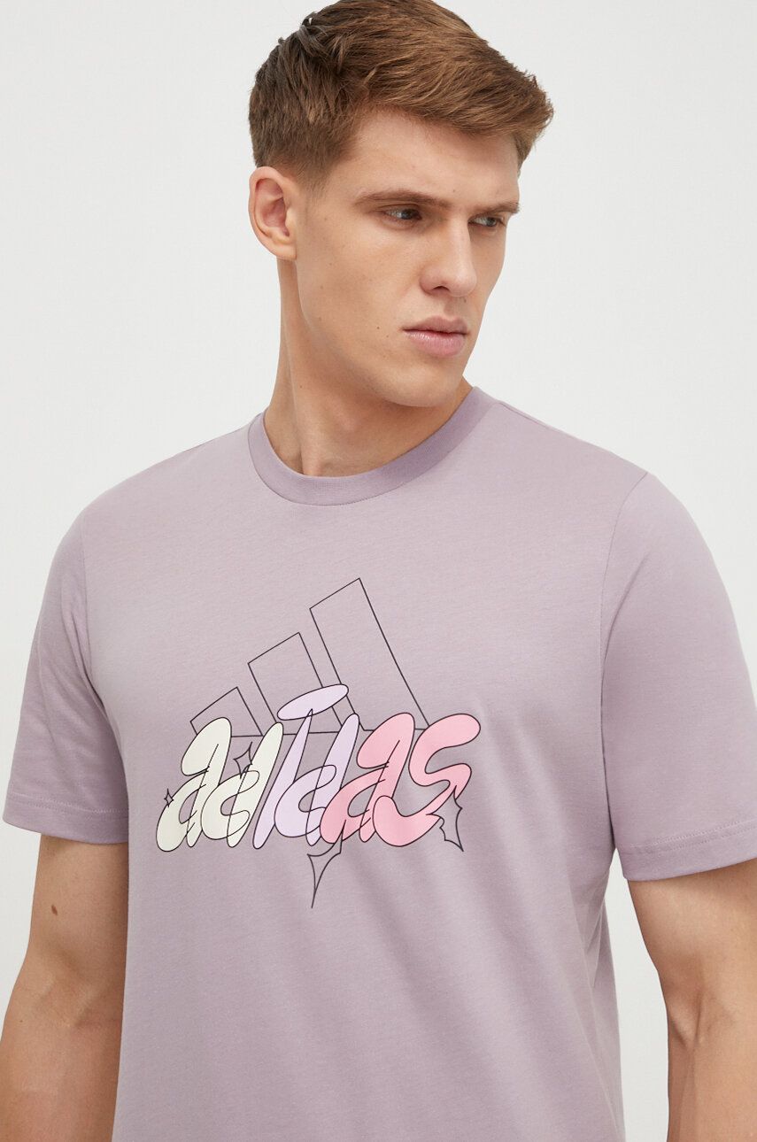 adidas tricou din bumbac bărbați, culoarea violet, cu imprimeu IN6244 adidas tricou din bumbac bărbați, culoarea violet, cu imprimeu IN6244