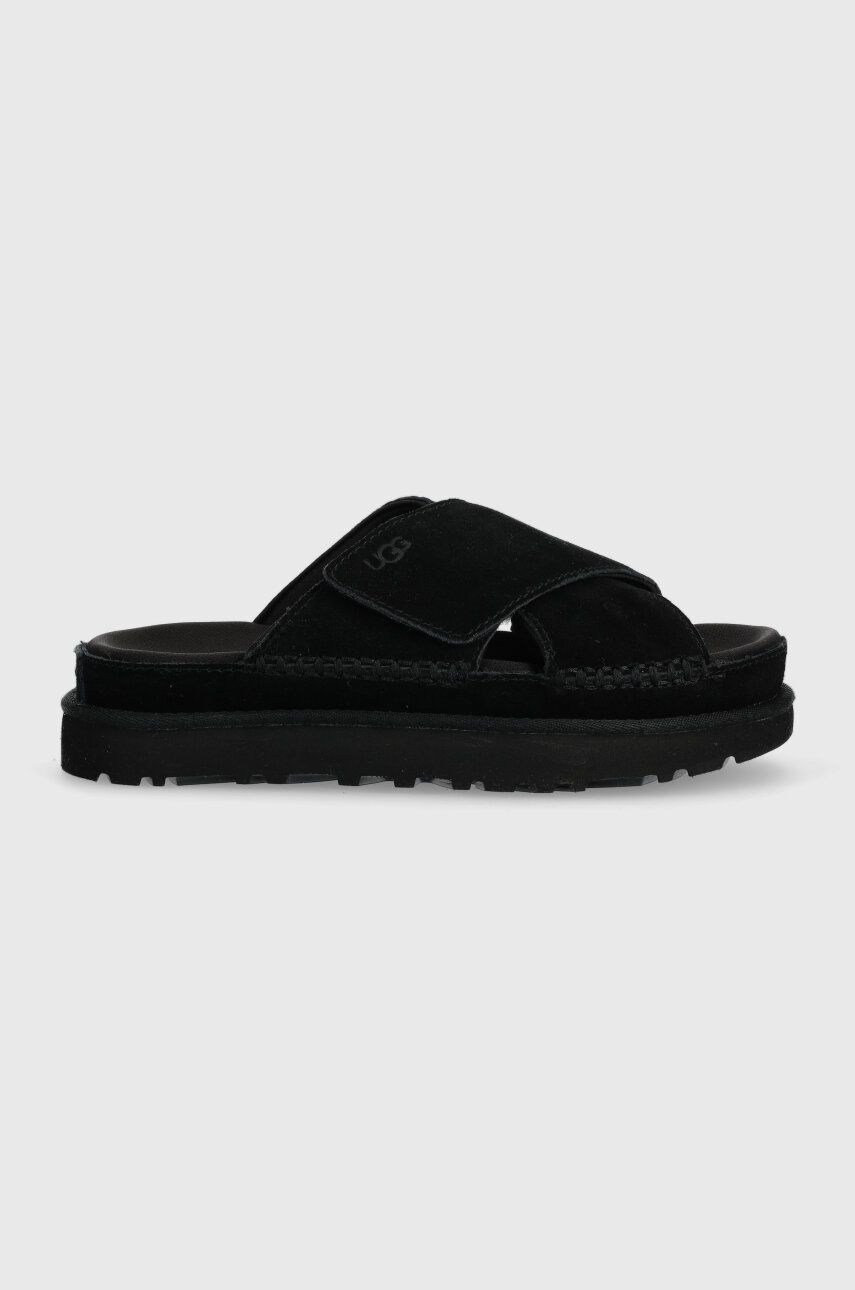 UGG papuci din piele Goldenstar Cross Slide femei, culoarea negru, cu platforma, 1137910 UGG papuci din piele Goldenstar Cross Slide femei, culoarea negru, cu platforma, 1137910