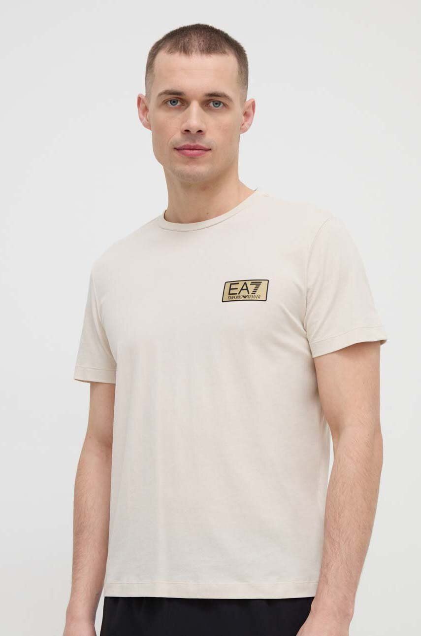EA7 Emporio Armani tricou din bumbac barbati, culoarea bej, cu imprimeu EA7 Emporio Armani tricou din bumbac barbati, culoarea bej, cu imprimeu