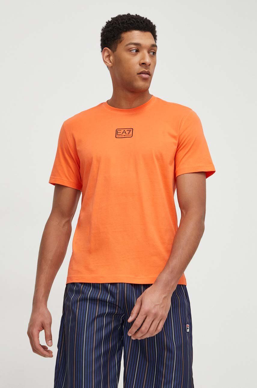 EA7 Emporio Armani tricou din bumbac barbati, culoarea portocaliu, neted EA7 Emporio Armani tricou din bumbac barbati, culoarea portocaliu, neted