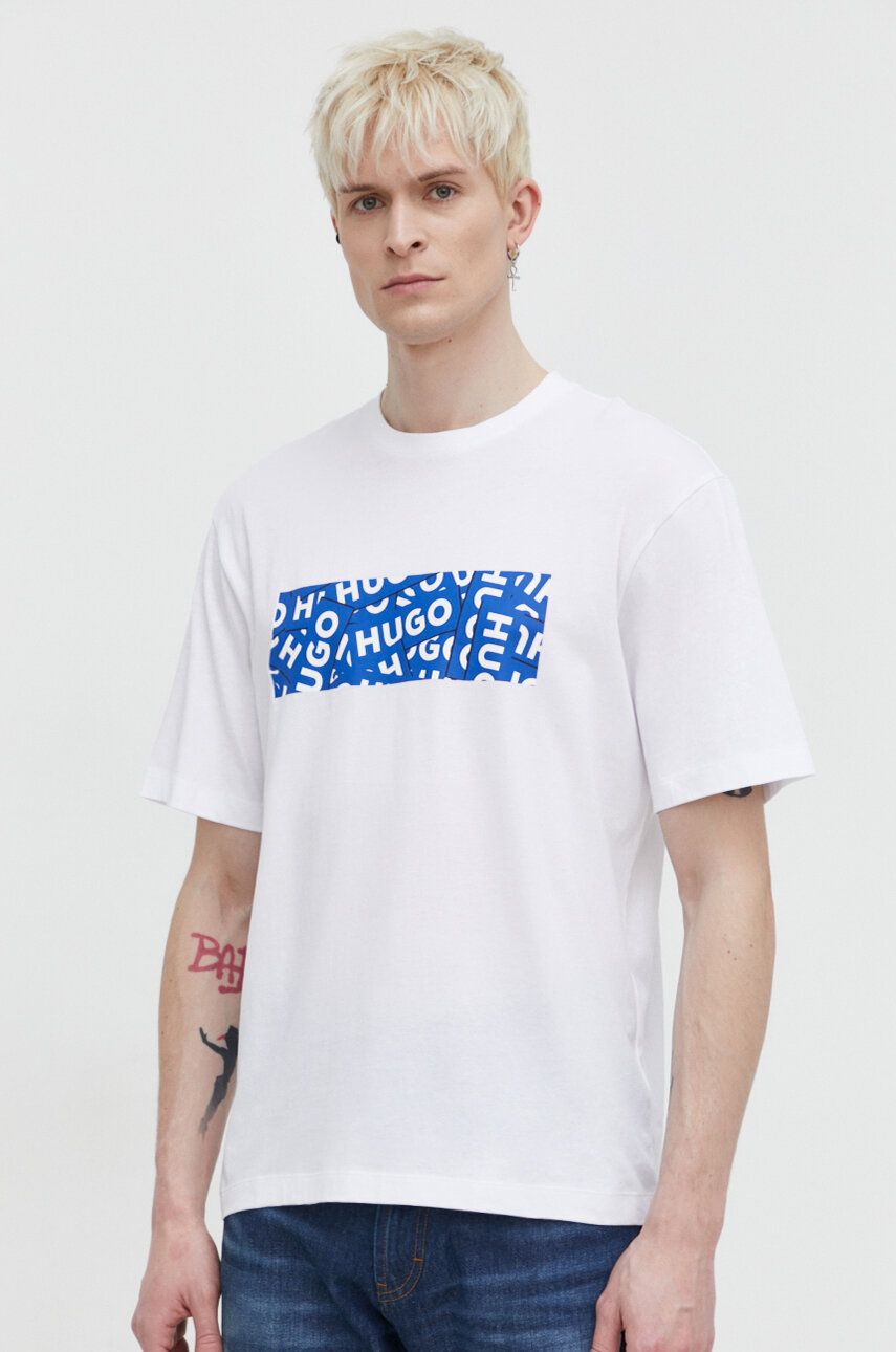 HUGO Blue tricou din bumbac bărbați, culoarea alb, cu imprimeu 50515203 HUGO Blue tricou din bumbac bărbați, culoarea alb, cu imprimeu 50515203