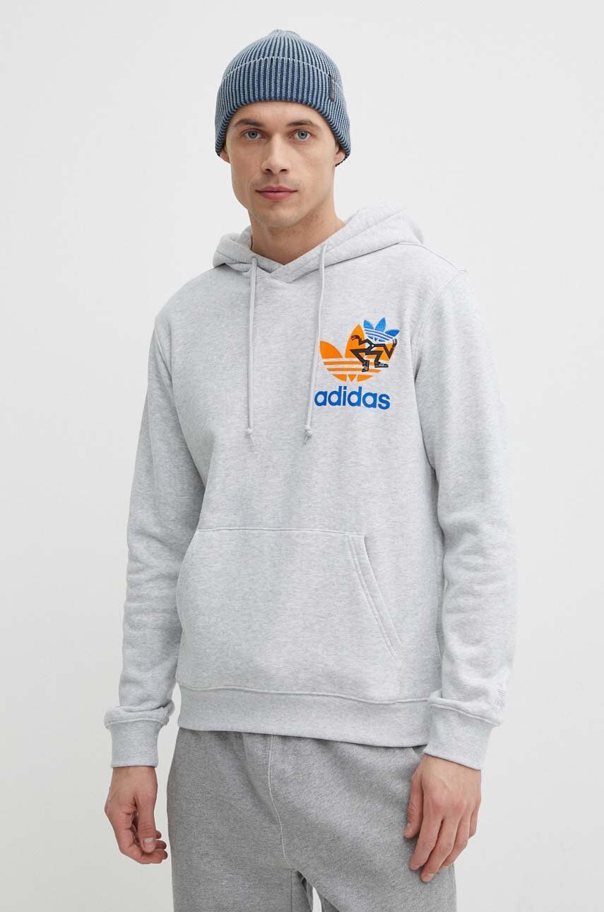 adidas Originals hanorac de bumbac bărbați, culoarea gri, cu glugă, cu imprimeu IS2913 adidas Originals hanorac de bumbac bărbați, culoarea gri, cu glugă, cu imprimeu IS2913