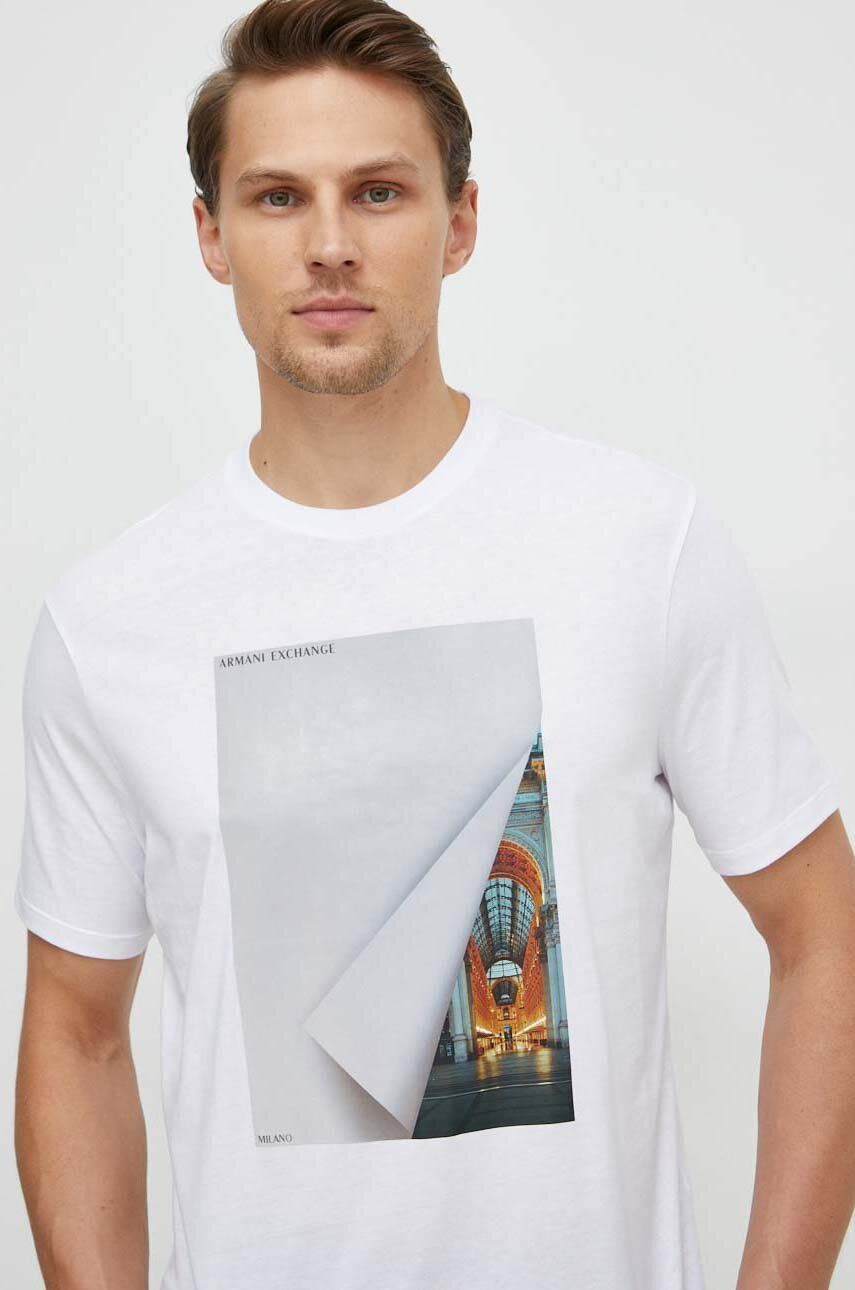 Armani Exchange tricou din bumbac barbati, culoarea alb, cu imprimeu Armani Exchange tricou din bumbac barbati, culoarea alb, cu imprimeu