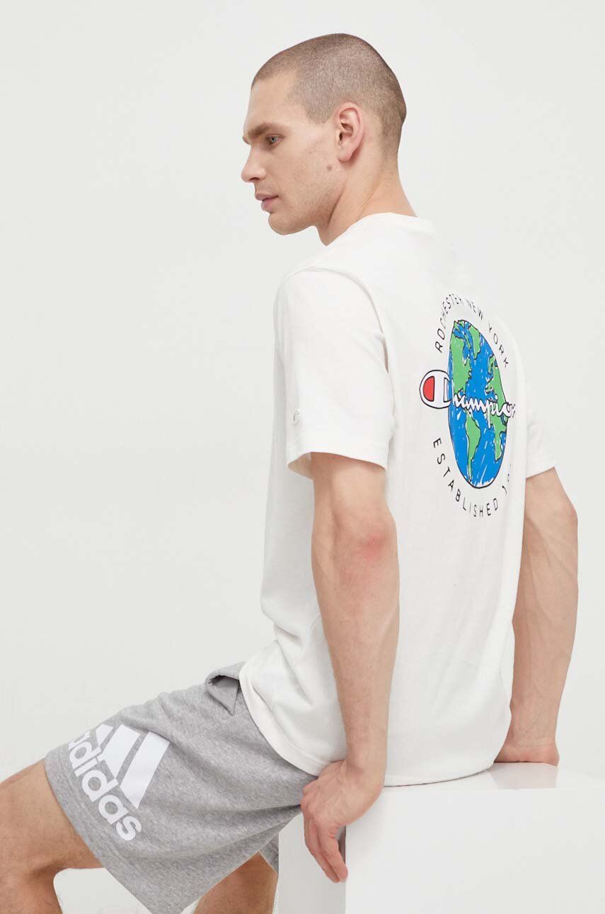 Champion tricou din bumbac bărbați, culoarea bej, cu imprimeu 219788 Champion tricou din bumbac bărbați, culoarea bej, cu imprimeu 219788