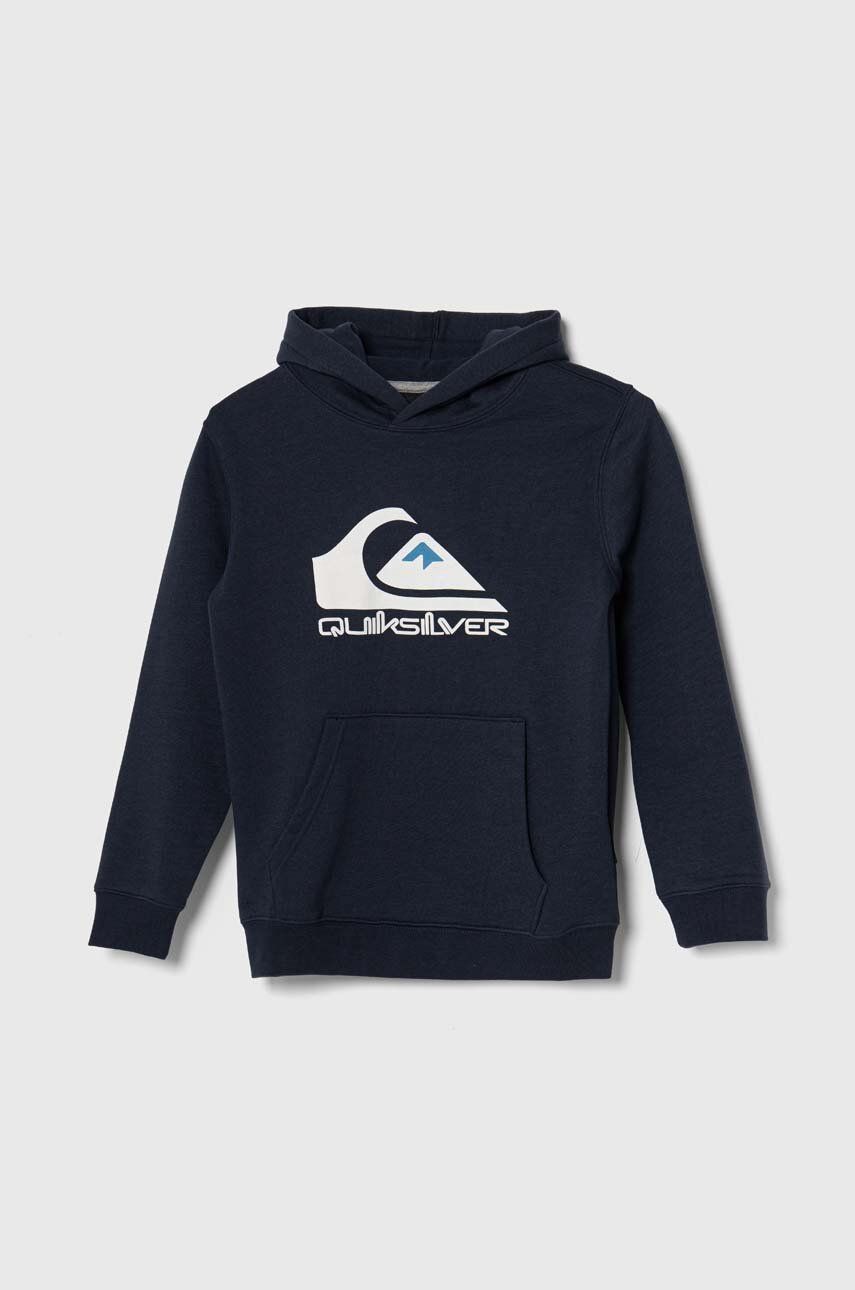 Quiksilver bluza copii BIG LOGO culoarea albastru marin, cu glugă, cu imprimeu Quiksilver bluza copii BIG LOGO culoarea albastru marin, cu glugă, cu imprimeu