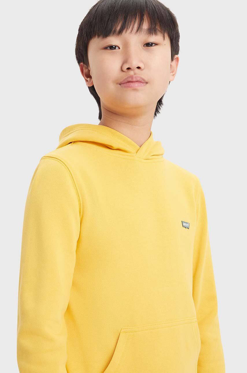 Levi's bluza copii LVB MINI BATWING PULL OVER HOO culoarea galben, cu glugă, neted Levi's bluza copii LVB MINI BATWING PULL OVER HOO culoarea galben, cu glugă, neted