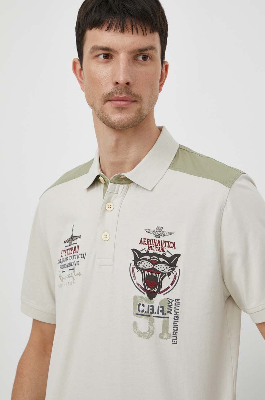 Aeronautica Militare polo de bumbac culoarea bej, cu imprimeu Aeronautica Militare polo de bumbac culoarea bej, cu imprimeu