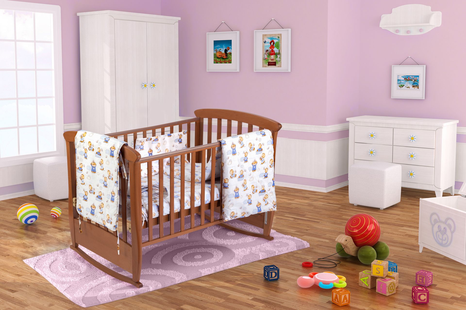 Set patut bebe, Somnart, cearceaf cu elastic pentru saltea 60x120x10, pernuta 37×55, pilota 100×105, aparatori 180x45, model Ursuleti Set patut bebe, Somnart, cearceaf cu elastic pentru saltea 60x120x10, pernuta 37×55, pilota 100×105, aparatori 180x45, model Ursuleti
