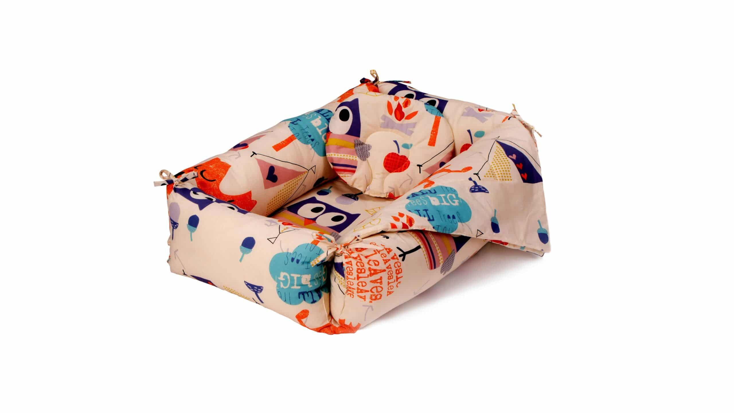 Set reductor bebe nest + paturica + pernuta pentru formarea capului bebelusului SomnArt, model bufnite, Crem Set reductor bebe nest + paturica + pernuta pentru formarea capului bebelusului SomnArt, model bufnite, Crem