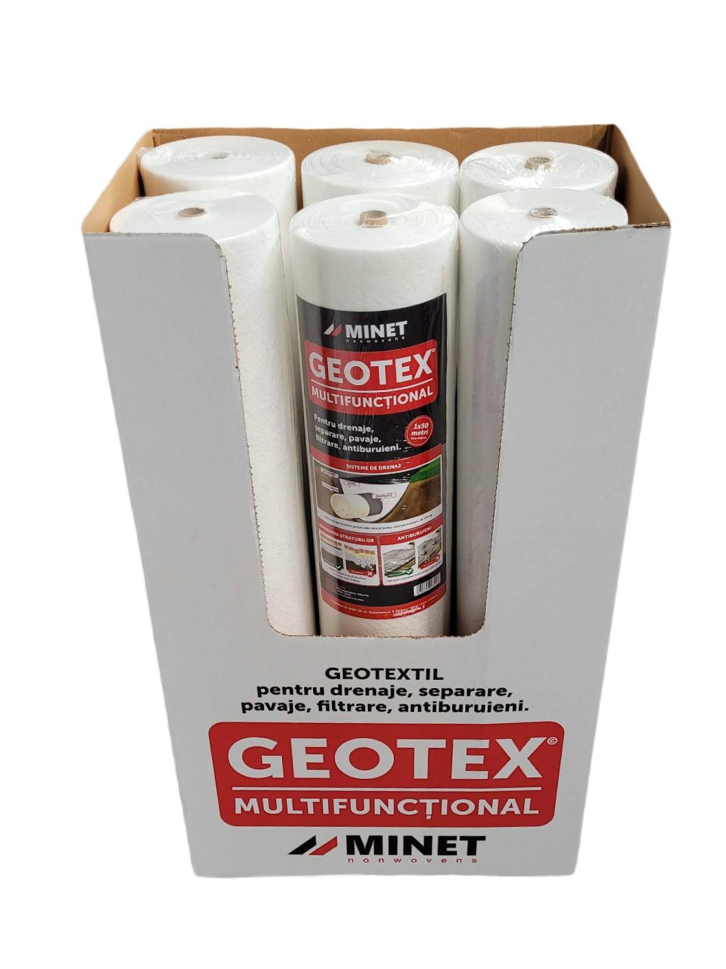 Bax 6 role Folie membrana geotextil Geotex multifunctional, 100gr/mp, latime 1 m, lungime 50m/rola, suprafata 50mp/rola, suprafata totala 300 mp, alb Bax 6 role Folie membrana geotextil Geotex multifunctional, 100gr/mp, latime 1 m, lungime 50m/rola, suprafata 50mp/rola, suprafata totala 300 mp, alb