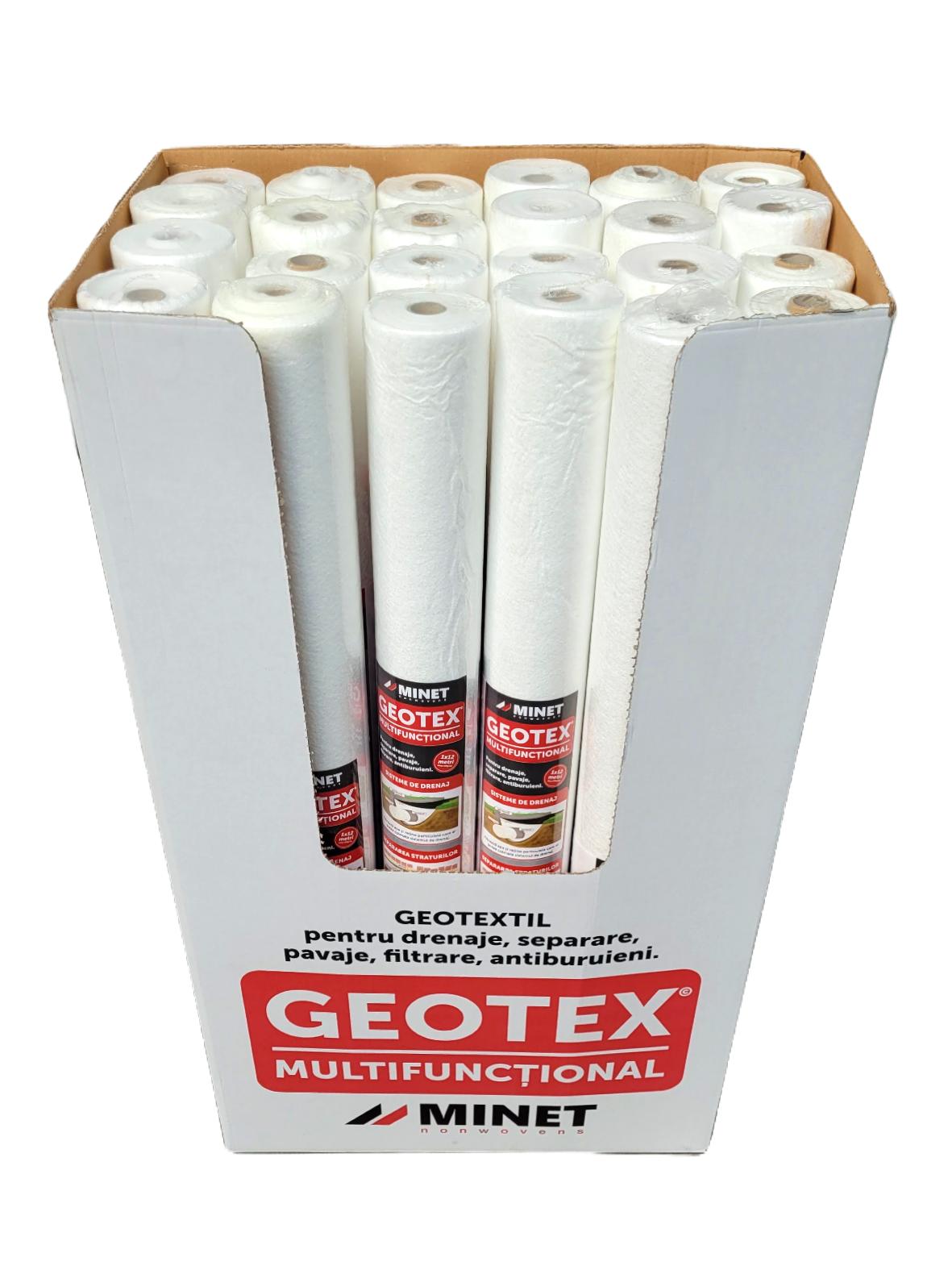 Bax 24 role Folie membrana geotextil Geotex multifunctional, 100gr/mp, latime 1 m, lungime 12m/rola, suprafata 12mp/rola, suprafata totala 288 mp, alb Bax 24 role Folie membrana geotextil Geotex multifunctional, 100gr/mp, latime 1 m, lungime 12m/rola, suprafata 12mp/rola, suprafata totala 288 mp, alb