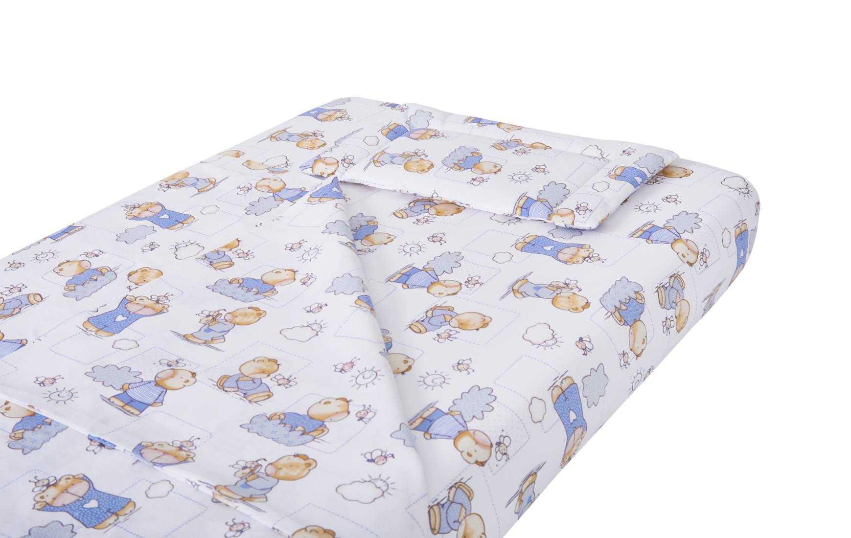 Lenjerie patut bebe, SomnART, cearceaf pat 60x120x10 cu elastic, cearceaf pilota 80x110, perna joasa 20x35, Ursuleti