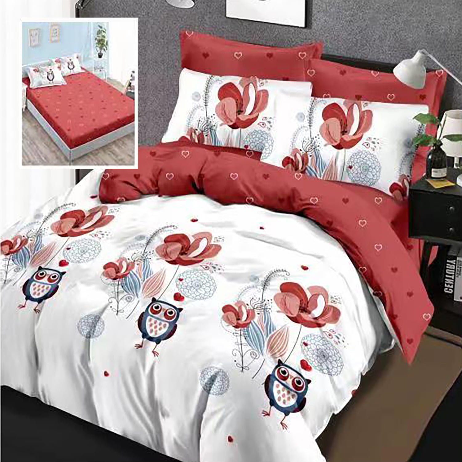 Lenjerie de pat finet 6 piese, cearceaf pat cu elastic, cearceaf pilota 200x230, 2 fete perna 50x70, 2 fete perna 70x70, Extra, Bufnite cu inimioare Lenjerie de pat finet 6 piese, cearceaf pat cu elastic, cearceaf pilota 200x230, 2 fete perna 50x70, 2 fete perna 70x70, Extra, Bufnite cu inimioare