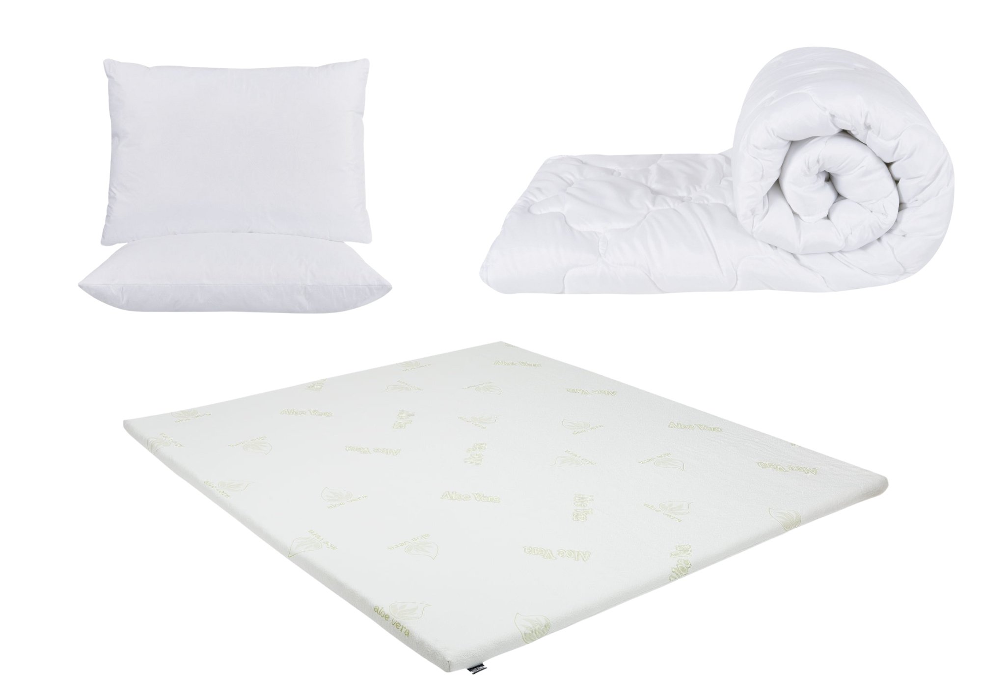Topper Aloe Vera, fermoar, rolat 140x190x5 cm + Pilota 180x200cm, 250gsm + 2 perne albe matlasate 50x70cm Topper Aloe Vera, fermoar, rolat 140x190x5 cm + Pilota 180x200cm, 250gsm + 2 perne albe matlasate 50x70cm