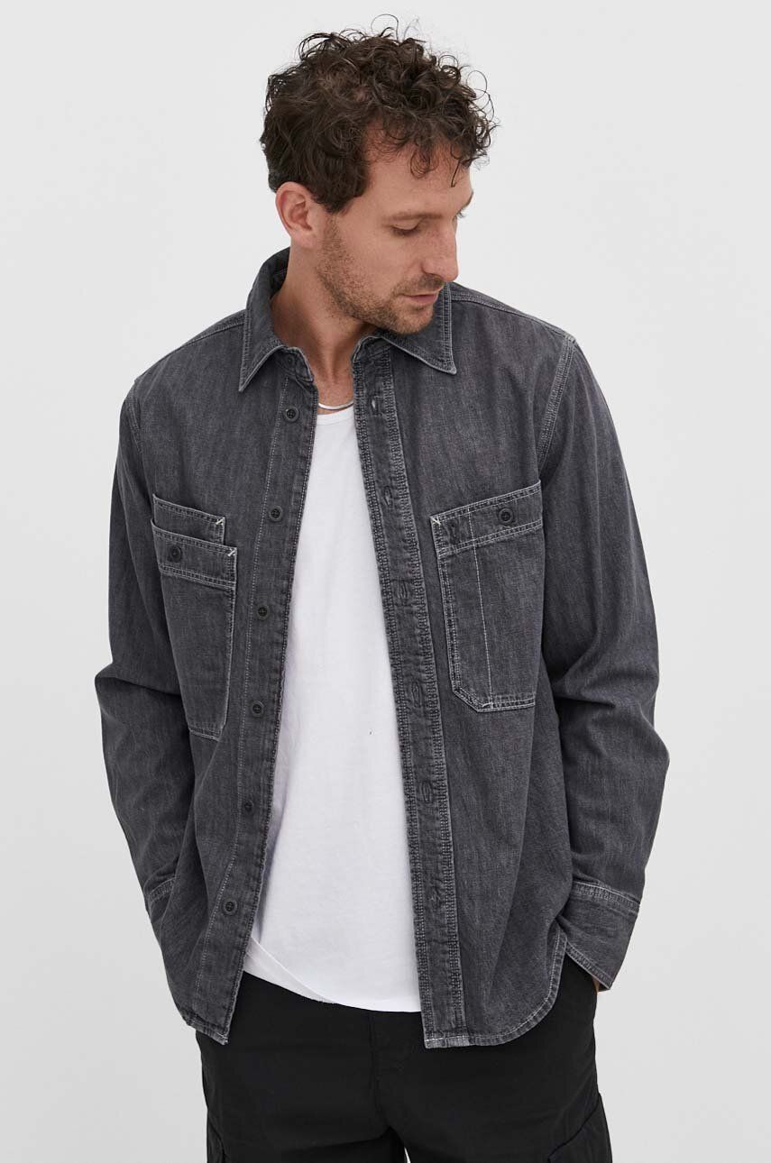G-Star Raw camasa jeans barbati, culoarea gri, cu guler clasic, regular G-Star Raw camasa jeans barbati, culoarea gri, cu guler clasic, regular