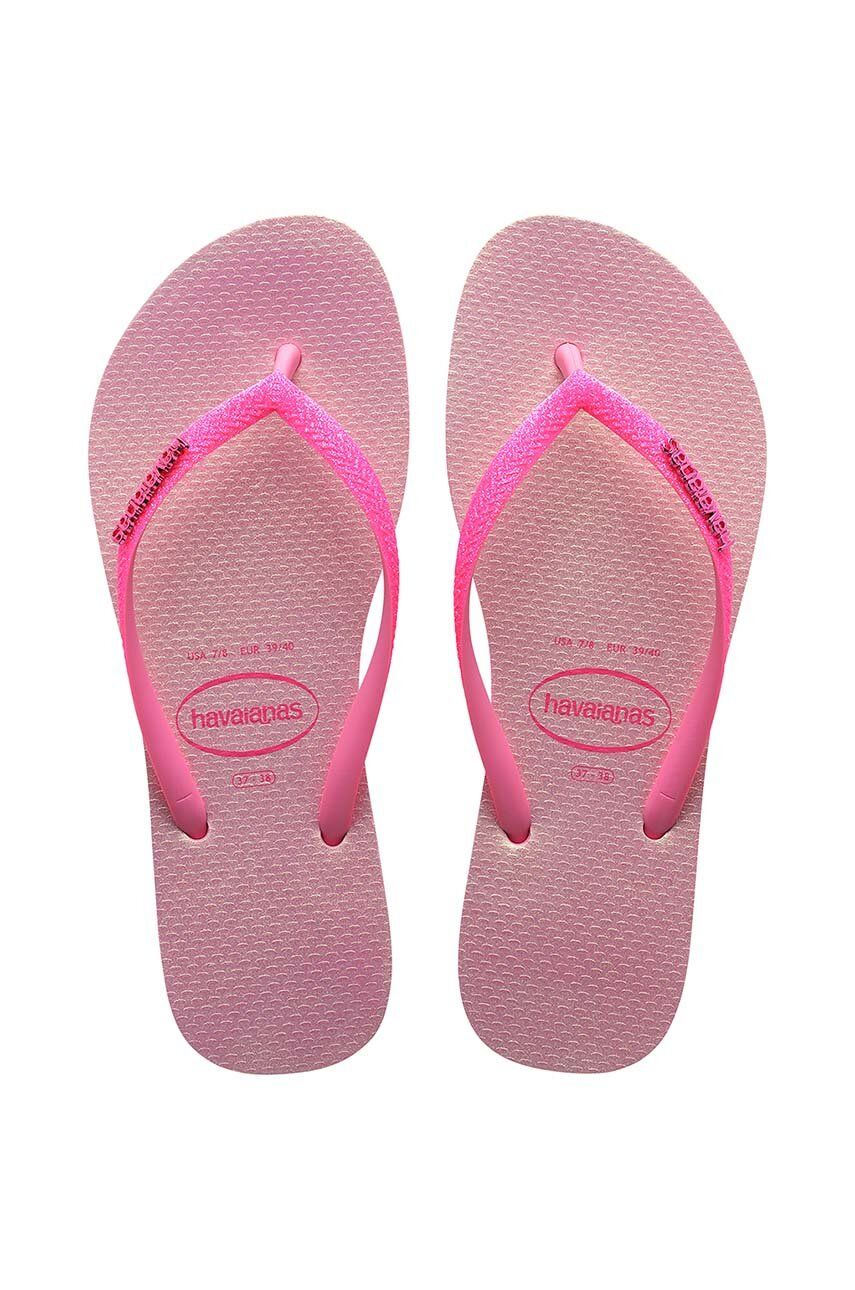 Havaianas slapi SLIM GLITTER IRIDESCENT femei, culoarea roz, cu toc plat, 4148922.1749 Havaianas slapi SLIM GLITTER IRIDESCENT femei, culoarea roz, cu toc plat, 4148922.1749