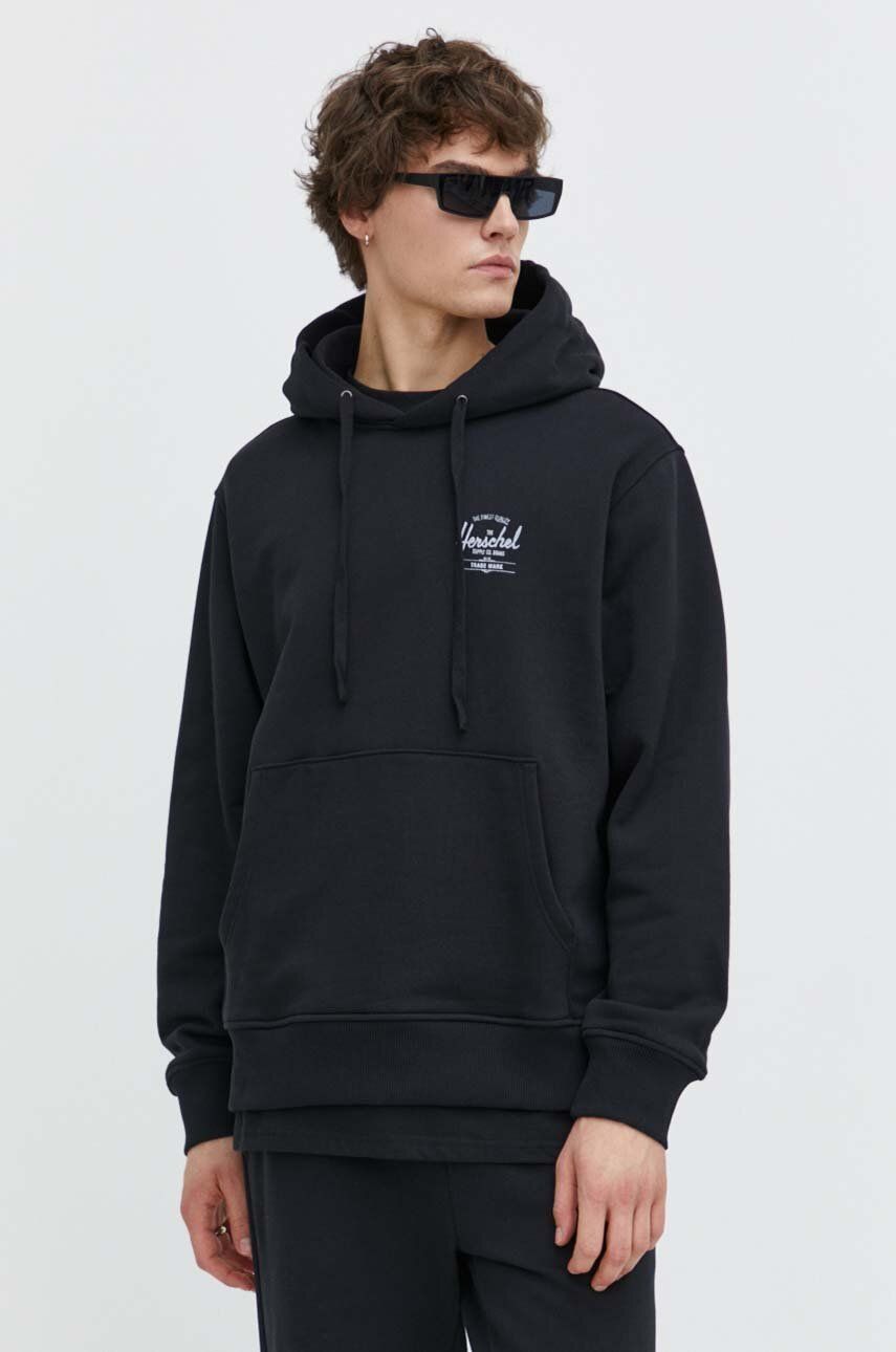 Herschel hanorac de bumbac barbati, culoarea negru, cu glugă, cu imprimeu Herschel hanorac de bumbac barbati, culoarea negru, cu glugă, cu imprimeu
