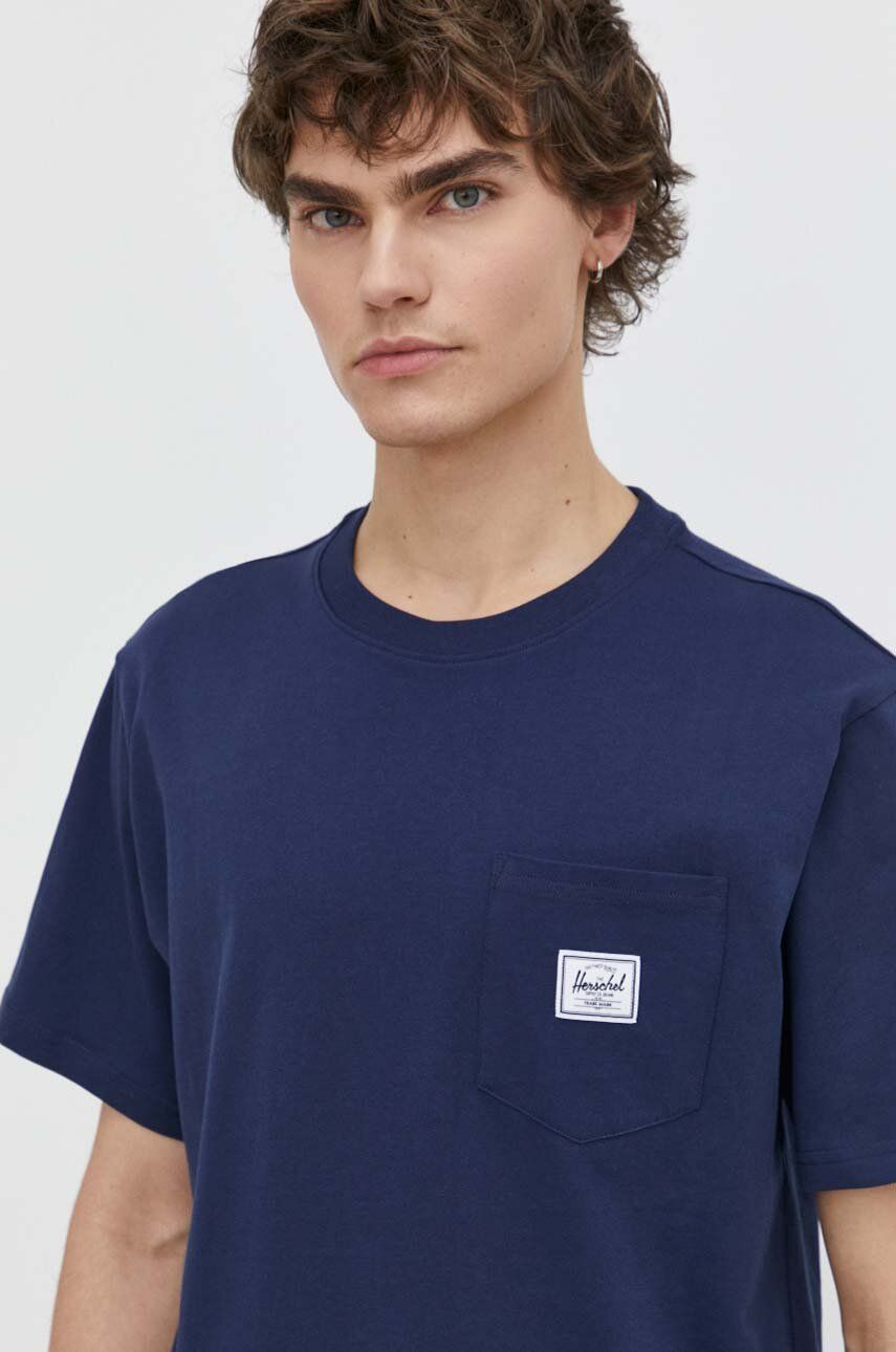 Herschel tricou din bumbac barbati, culoarea albastru marin, neted Herschel tricou din bumbac barbati, culoarea albastru marin, neted
