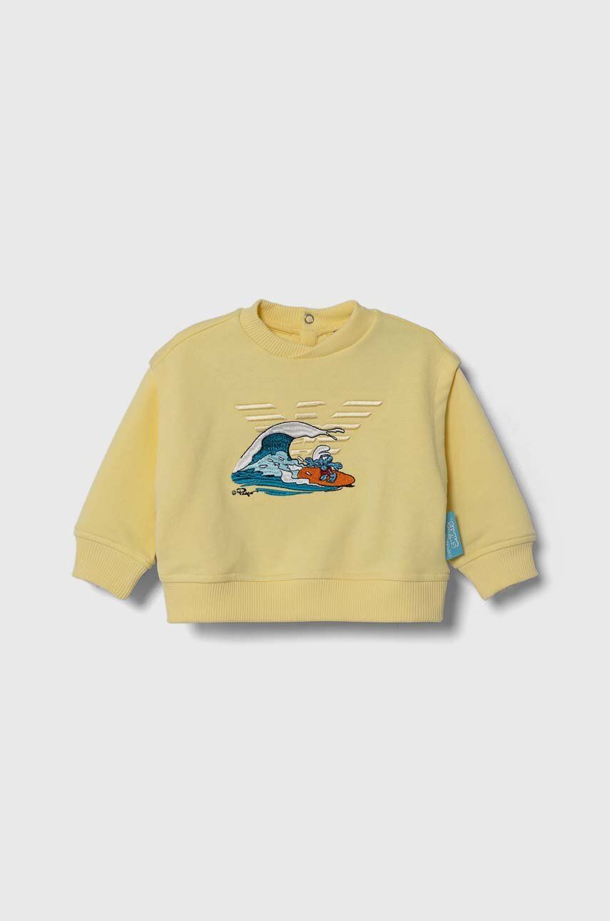 Emporio Armani hanorac de bumbac pentru bebelusi x The Smurfs culoarea galben, cu imprimeu Emporio Armani hanorac de bumbac pentru bebelusi x The Smurfs culoarea galben, cu imprimeu