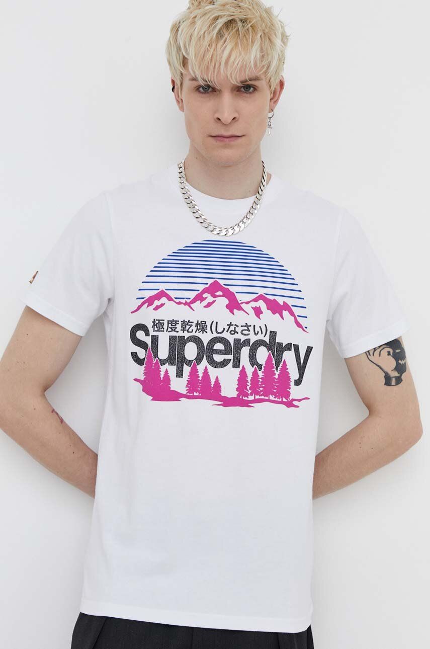 Superdry tricou din bumbac barbati, culoarea alb, cu imprimeu Superdry tricou din bumbac barbati, culoarea alb, cu imprimeu