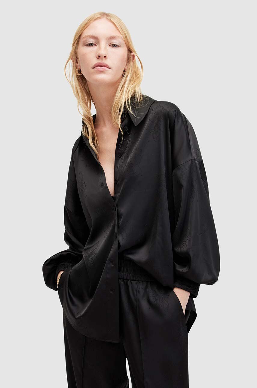 AllSaints camasa CHARLI JACQ SHIRT femei, culoarea negru, cu guler clasic, relaxed, W084PA AllSaints camasa CHARLI JACQ SHIRT femei, culoarea negru, cu guler clasic, relaxed, W084PA
